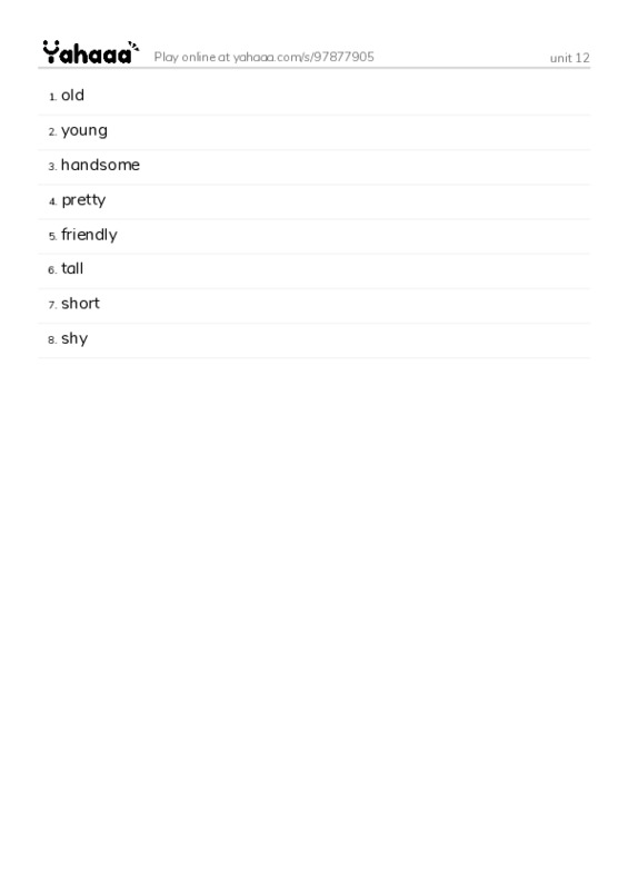 Word list with meanings worksheet for unit 12