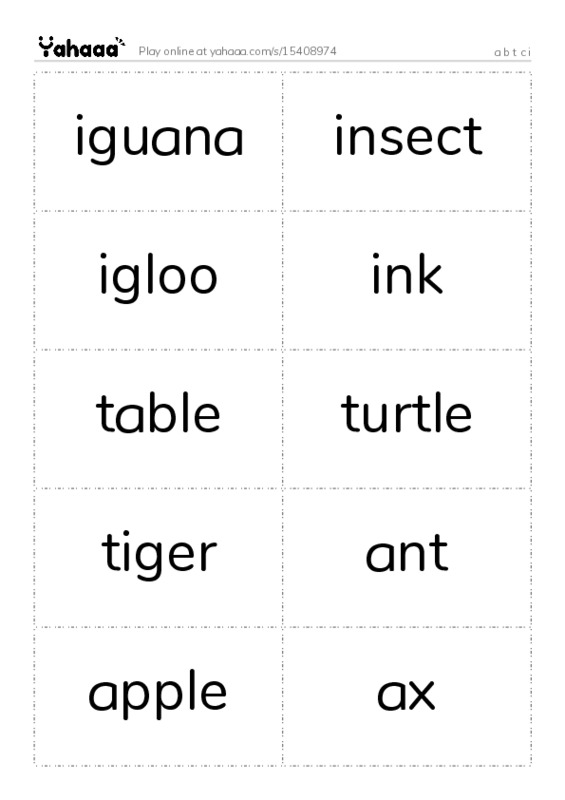 Word flashcards worksheet for a b t c i