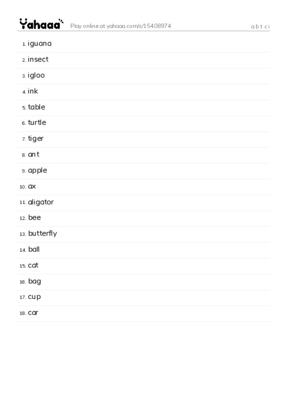 Word list with meanings worksheet for a b t c i