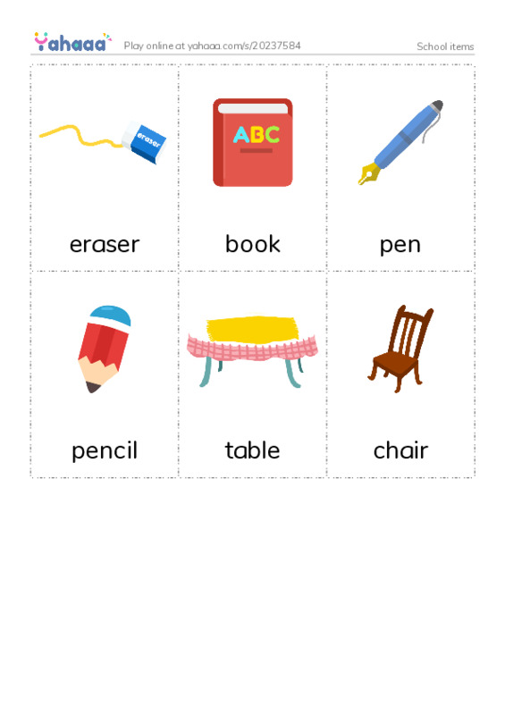 School items PDF flaschards with images