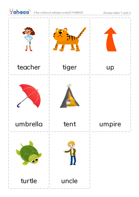 Picture flashcards worksheet for Review letter T and U