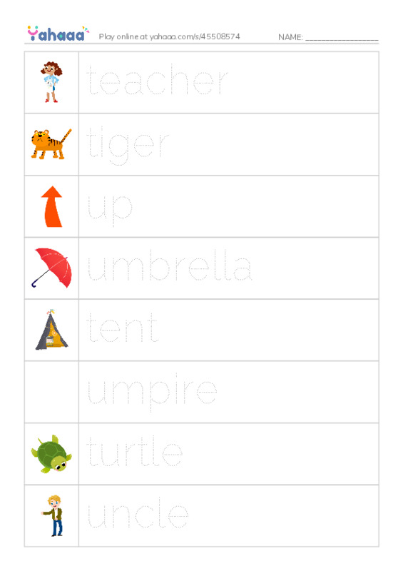 Picture and word rows worksheet for Review letter T and U