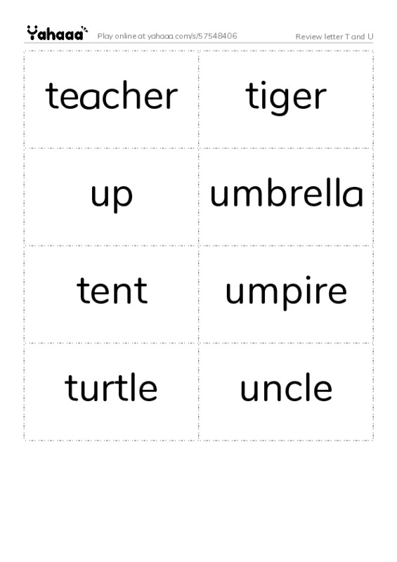 Word flashcards worksheet for Review letter T and U