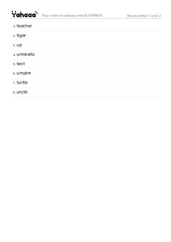 Word list with meanings worksheet for Review letter T and U