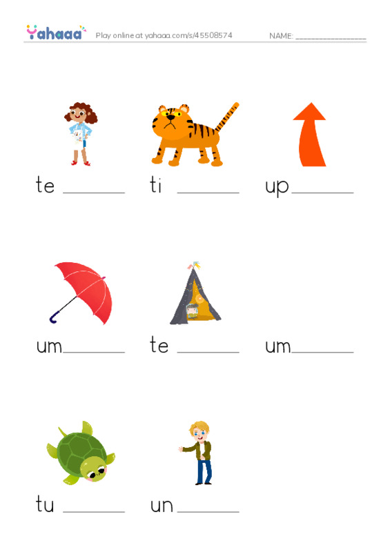 Finish the word worksheet for Review letter T and U
