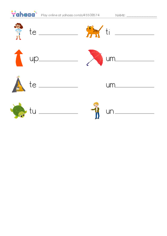 Write the word rows worksheet for Review letter T and U