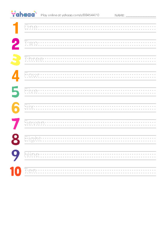 Numbers 1-10 PDF write between the lines worksheet