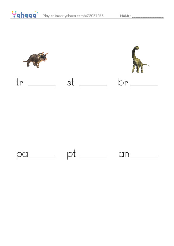 Common dinausors names PDF worksheet to fill in words gaps