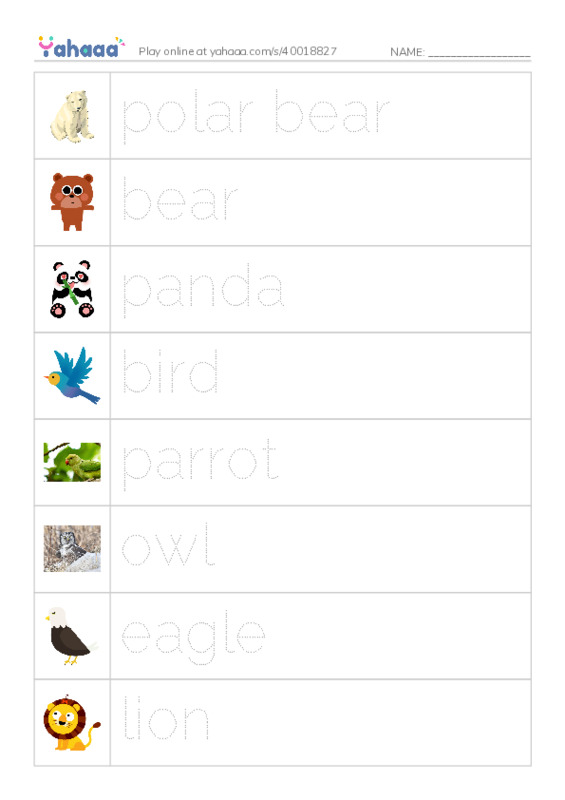 Picture and word rows worksheet for Animals 
