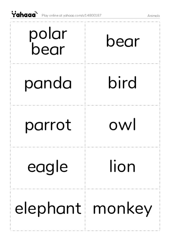 Word flashcards worksheet for Animals 