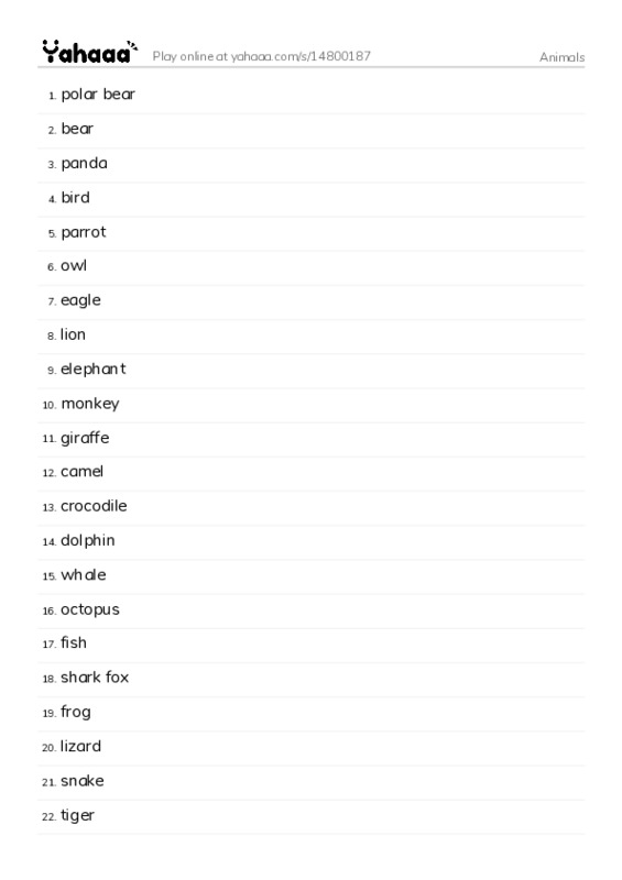 Word list with meanings worksheet for Animals 