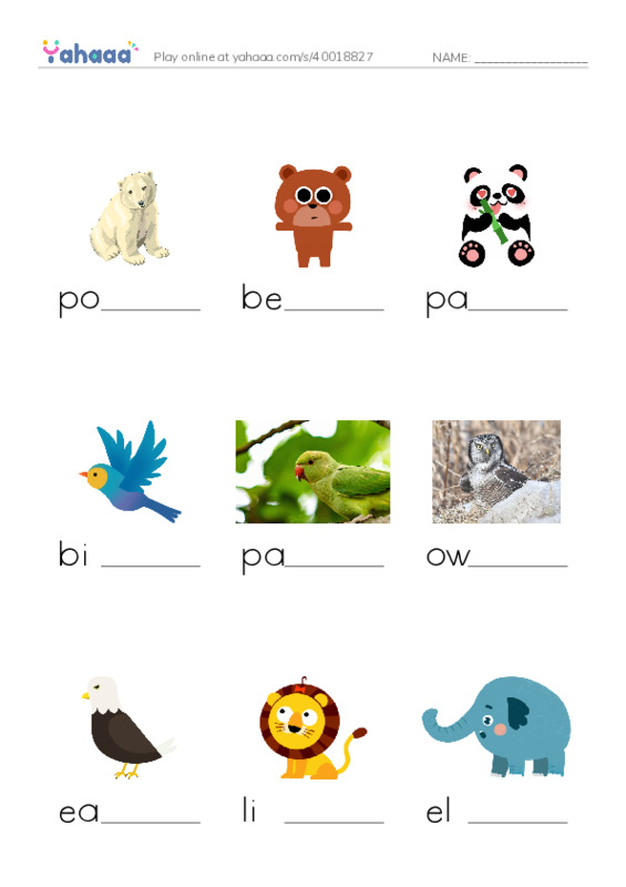 Finish the word worksheet for Animals 