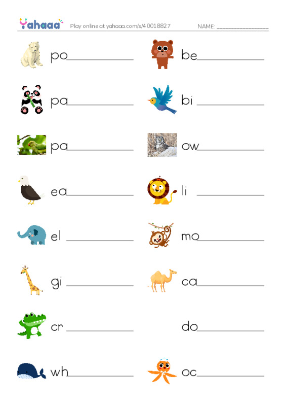 Write the word rows worksheet for Animals 