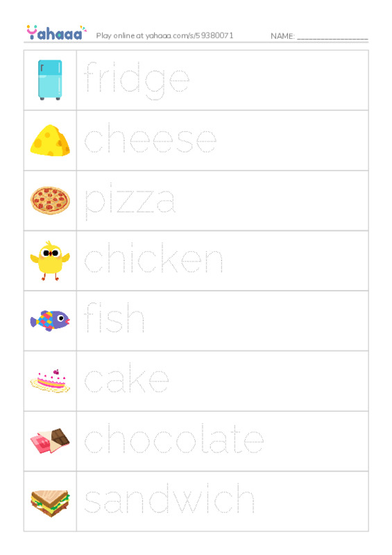 Picture and word rows worksheet for In the fridge (1) - preschoolers 