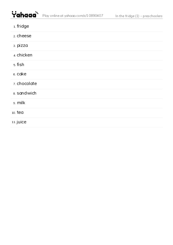 Word list with meanings worksheet for In the fridge (1) - preschoolers 