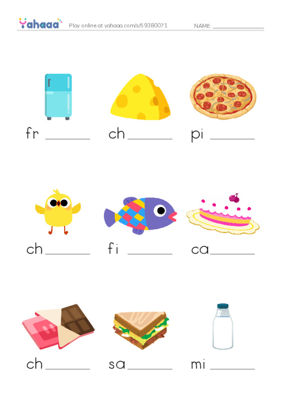Finish the word worksheet for In the fridge (1) - preschoolers 