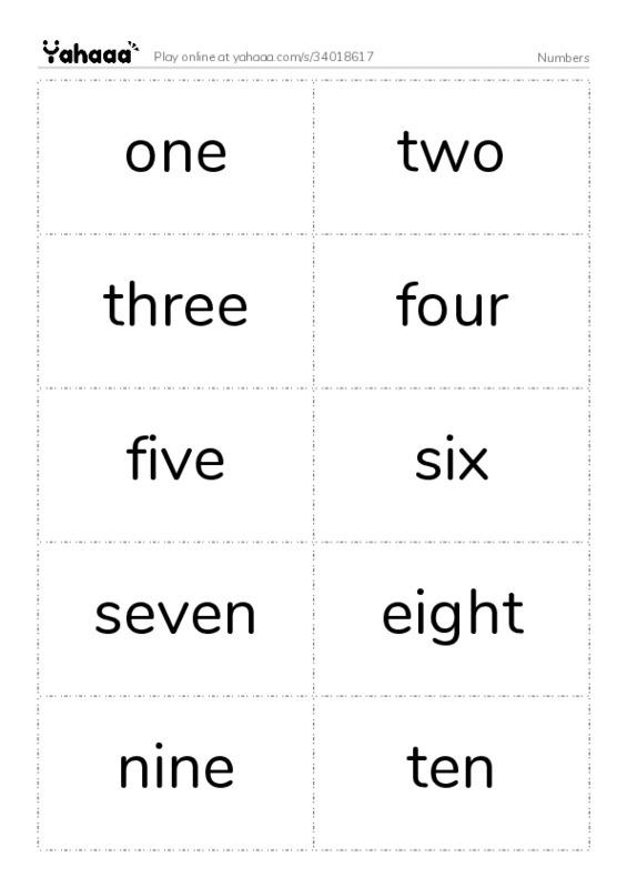 Word flashcards worksheet for Numbers