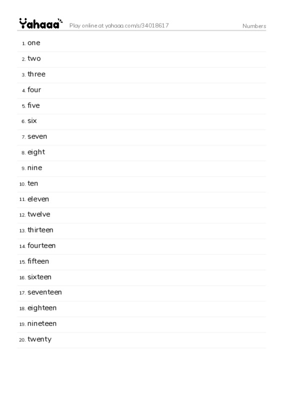 Word list with meanings worksheet for Numbers