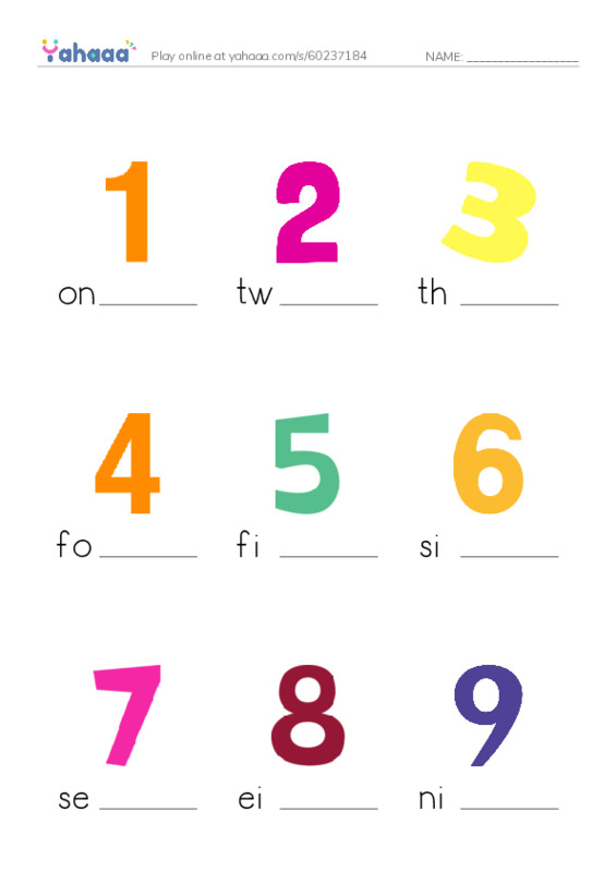 Finish the word worksheet for Numbers