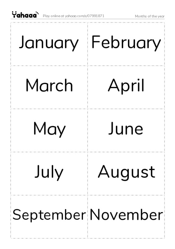 Word flashcards worksheet for Months of the year