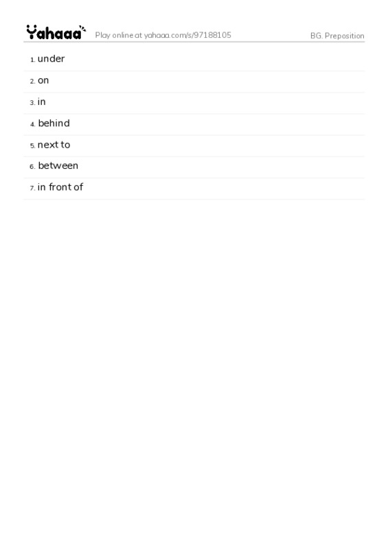 Word list with meanings worksheet for BG. Preposition