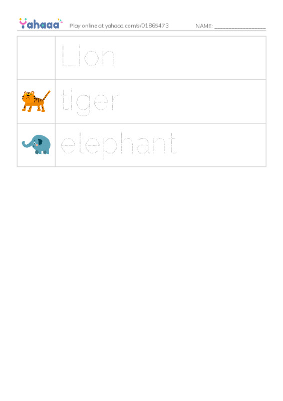 Picture and word rows worksheet for Zoo