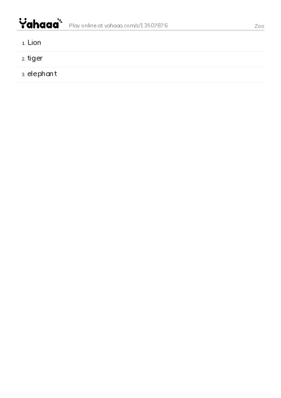 Word list with meanings worksheet for Zoo