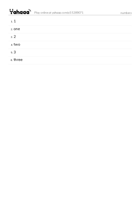 Word list with meanings worksheet for numbers