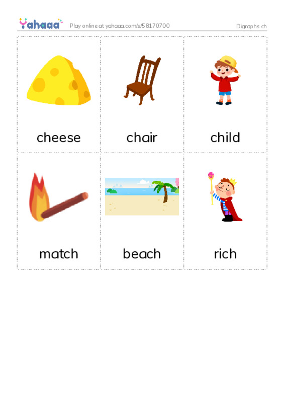 Picture flashcards worksheet for Digraphs ch