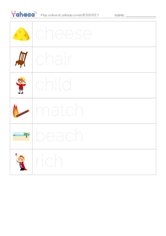 Picture and word rows worksheet for Digraphs ch