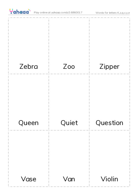 Picture flashcards worksheet for Words for letters K,z,q,v,y,e