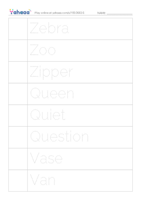Picture and word rows worksheet for Words for letters K,z,q,v,y,e
