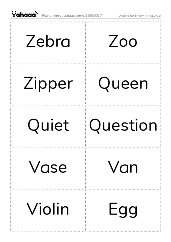 Word flashcards worksheet for Words for letters K,z,q,v,y,e