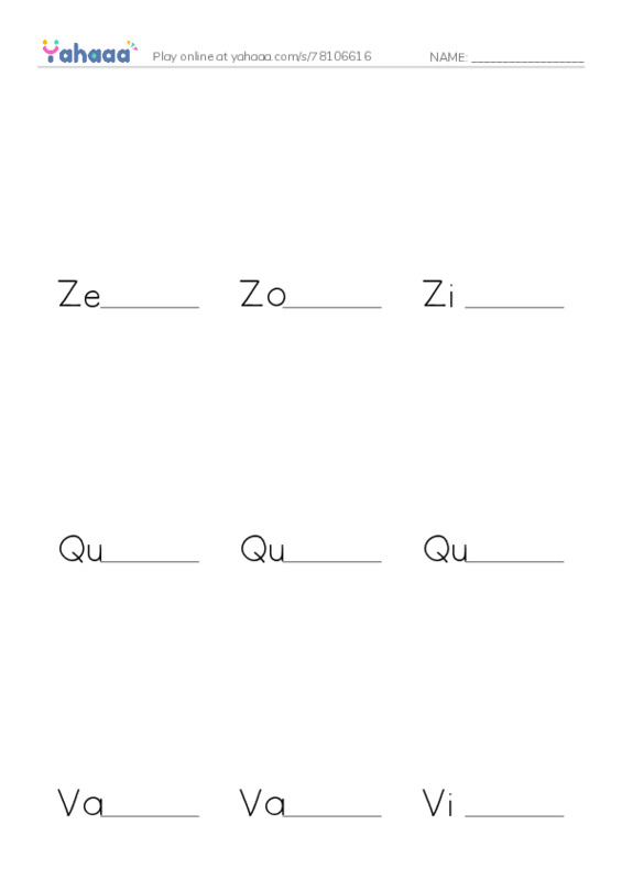 Finish the word worksheet for Words for letters K,z,q,v,y,e