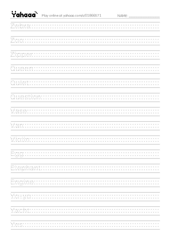 Handwriting lines worksheet for Words for letters K,z,q,v,y,e