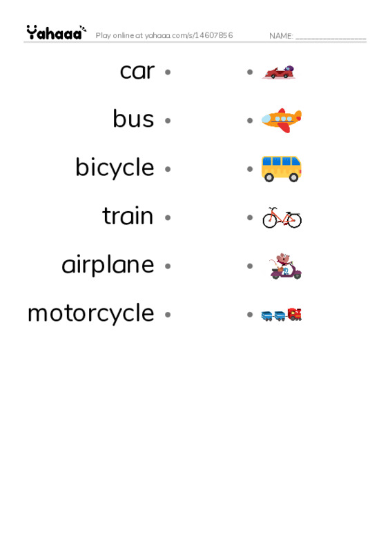 Draw a line to match worksheet for transportation 