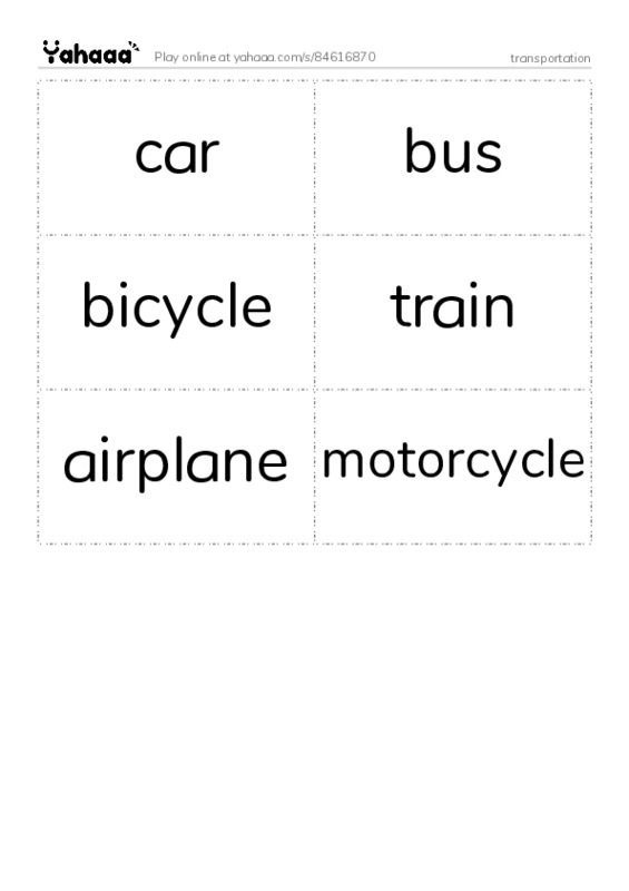 Word flashcards worksheet for transportation 
