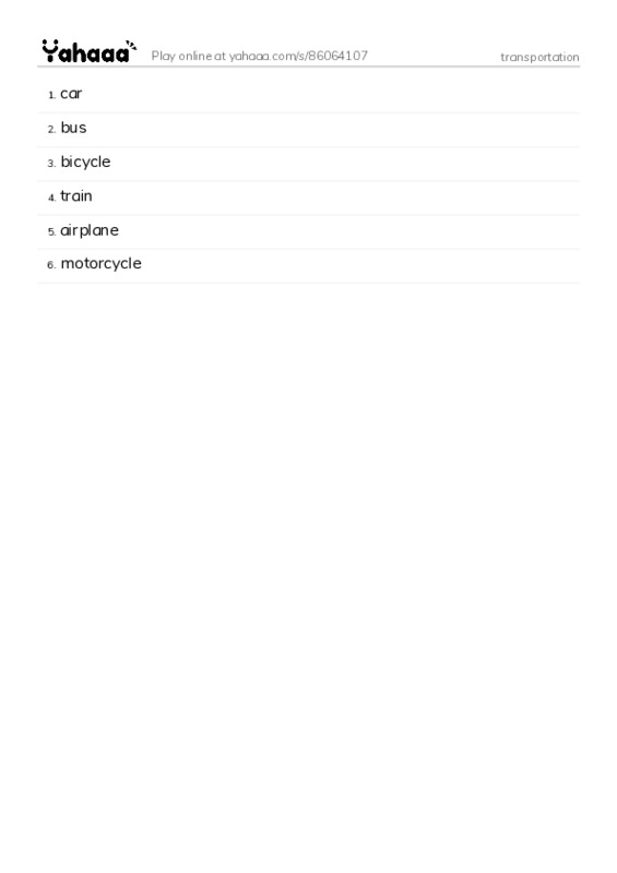 Word list with meanings worksheet for transportation 