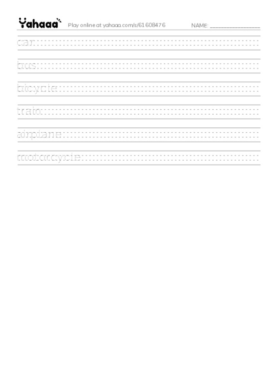 Handwriting lines worksheet for transportation 