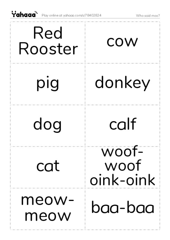 Word flashcards worksheet for Who said moo?