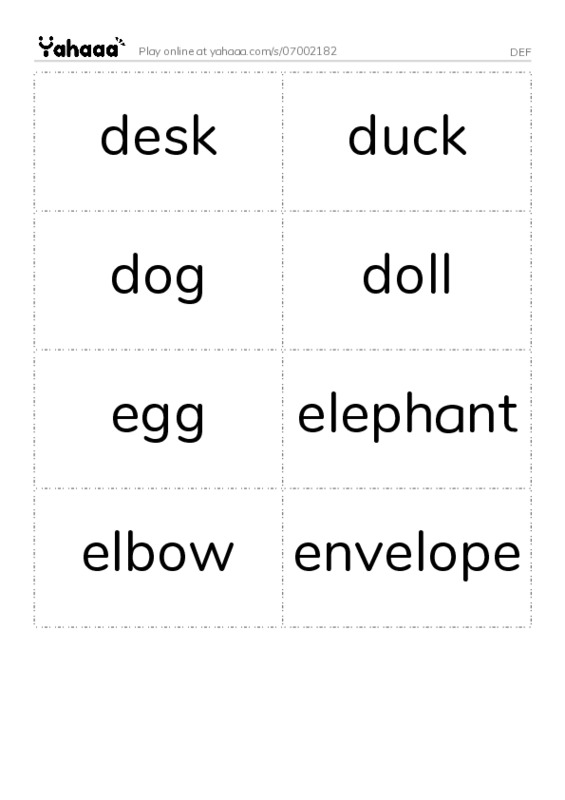 Word flashcards worksheet for DEF