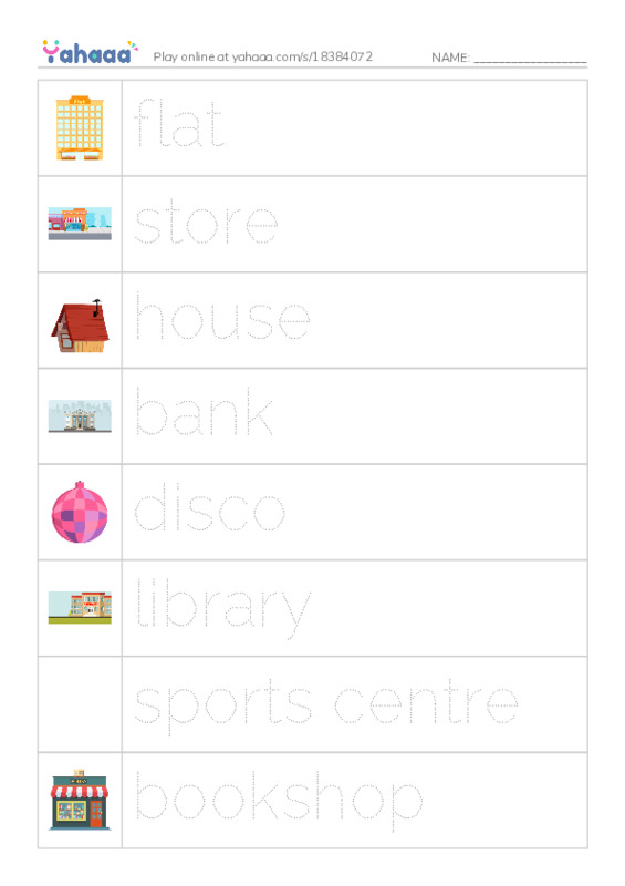 Picture and word rows worksheet for Places and Buildings 