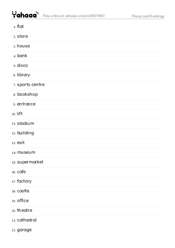 Word list with meanings worksheet for Places and Buildings 