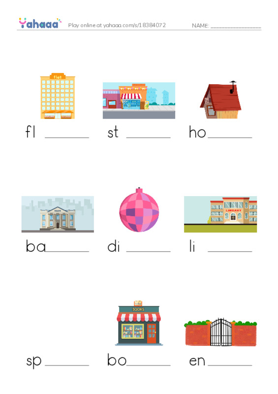 Finish the word worksheet for Places and Buildings 