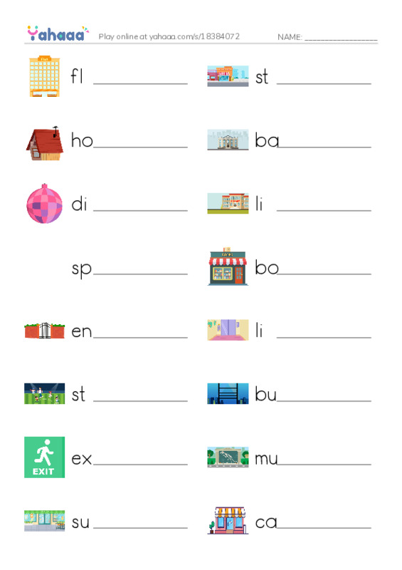 Write the word rows worksheet for Places and Buildings 