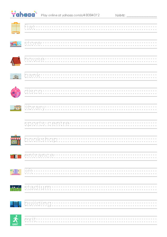 Handwriting lines worksheet for Places and Buildings 