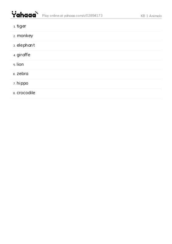 Word list with meanings worksheet for KB 1 Animals