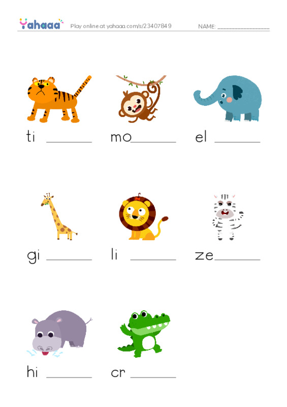 Finish the word worksheet for KB 1 Animals