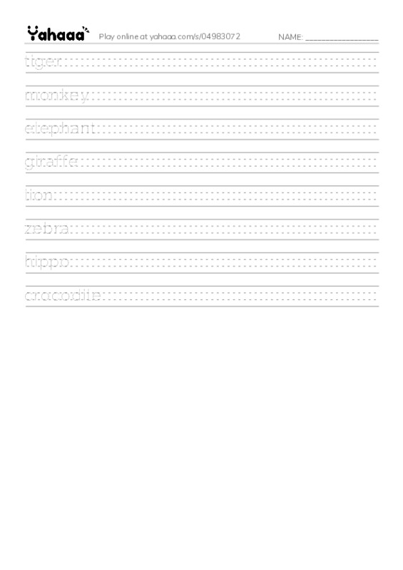 Handwriting lines worksheet for KB 1 Animals