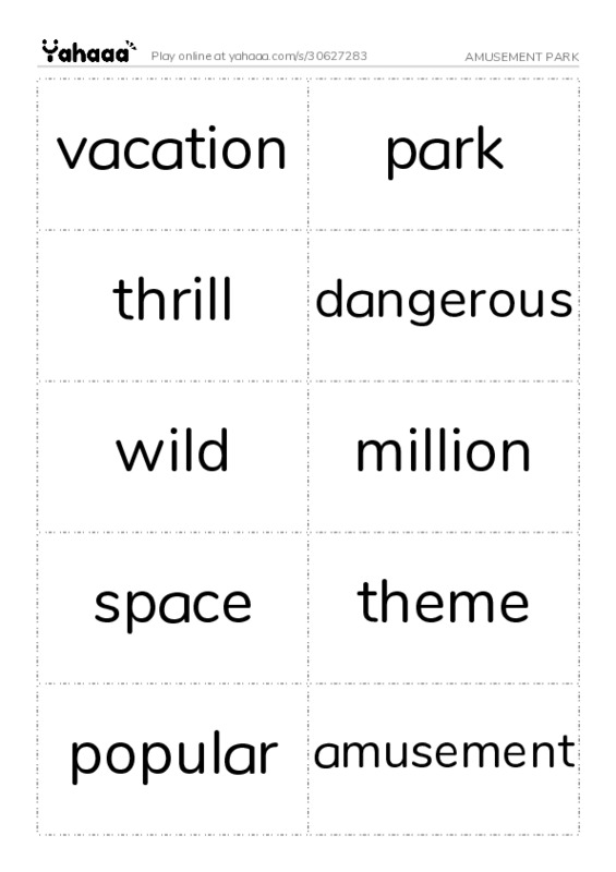 Word flashcards worksheet for AMUSEMENT PARK